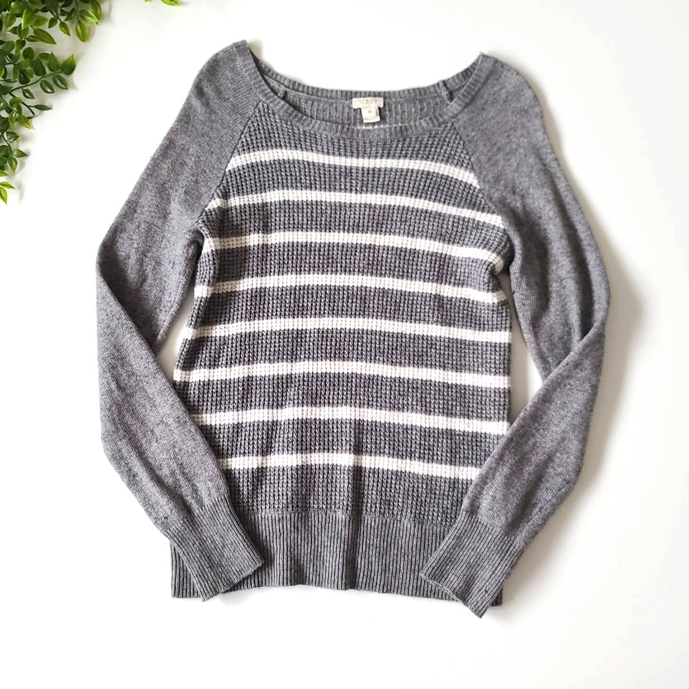 J. Crew Warmspun Waffle Knit Merino Wool Gray Striped Pullover Sweater Medium